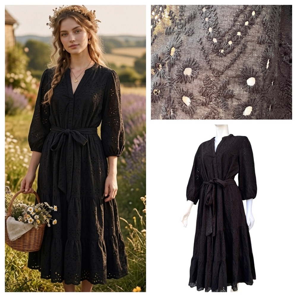 Refinity Black Eyelet Tiered Midi Dress Cotton SZ S Prairie Boho Cottagecore NWT